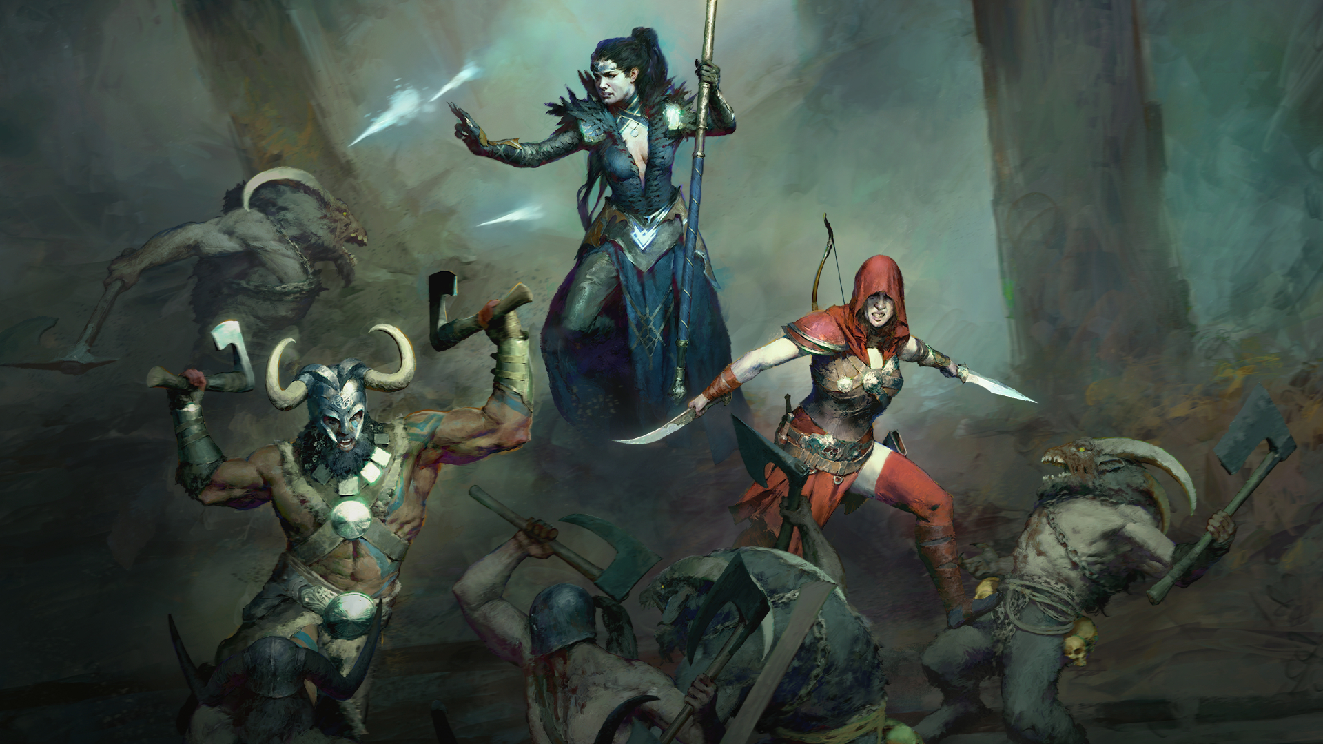 Diablo 4 — An illustration of Diablo 4 character classes in combat, with a Rogue, a Barbarian, and a Sorcerer fighting goatmen and cultists.