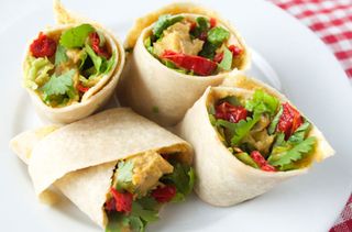 Healthy lunch ideas, Roasted pepper and lettuce wrap with squash and chickpea spread