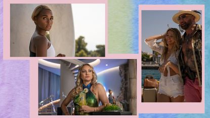 Collage of Glass Onion movie stills featuring Janelle Monae, Kate Hudson, Madelyn Cline and Dave Bautista