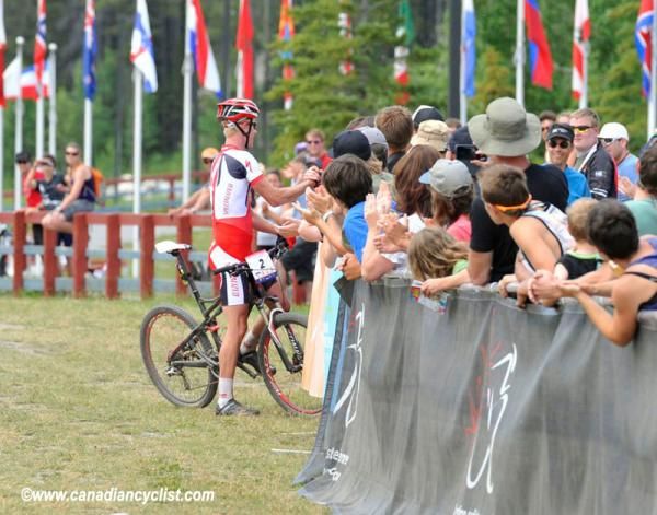 Max Plaxton (Specialized) had time to greet friends before crossing the finish line
