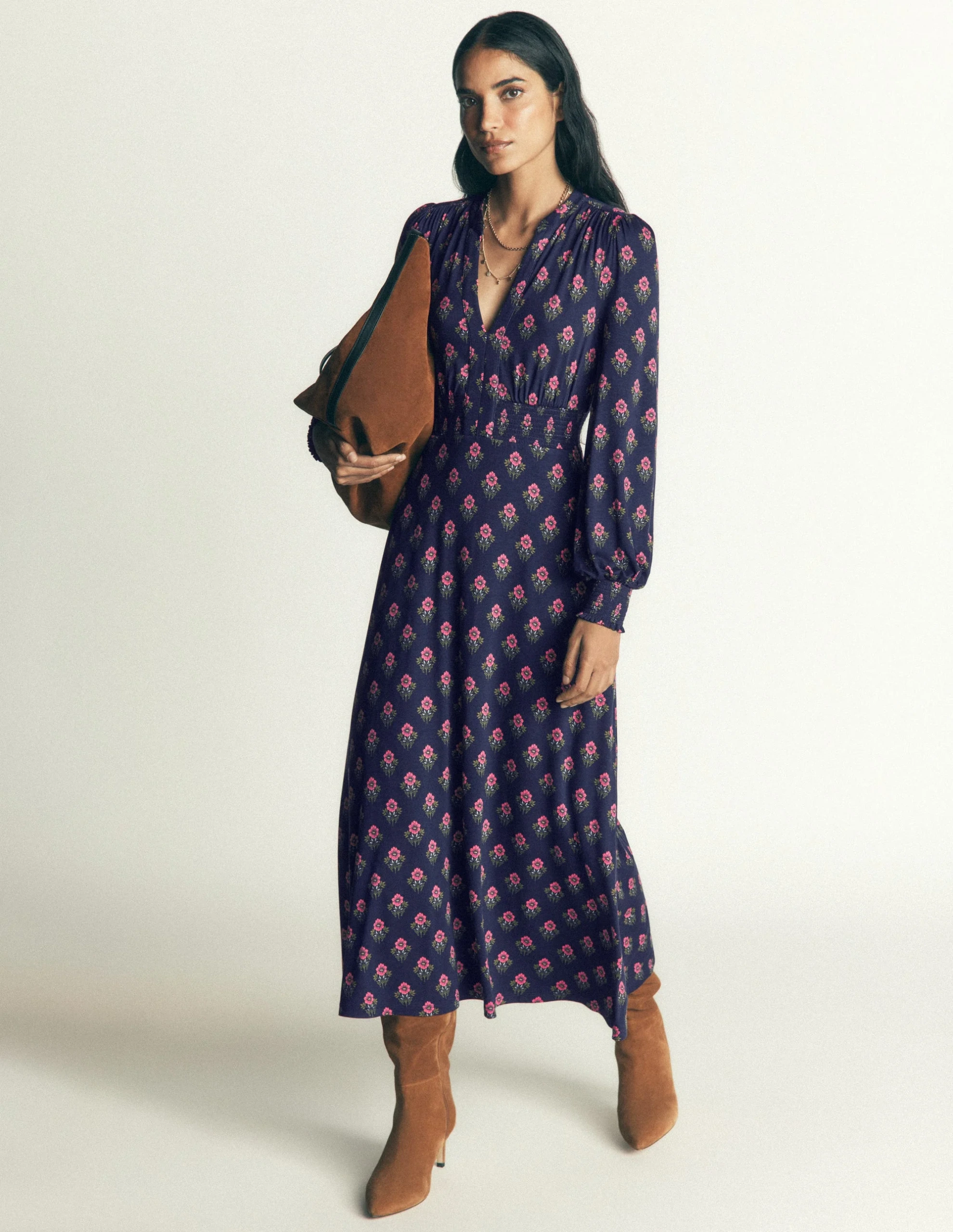 Boden, Georgia Jersey Midi Dress-Navy, Flourishing Spring Stamp