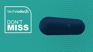 Beats Pill Waterproof Built-in Microphone Wireless Bluetooth Portable Speaker in navy blue on cyan background with TechRadar don't miss sign
