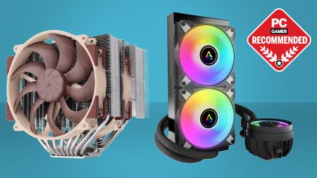 An air cooler from Noctua and a liquid cooler from Arctic on a blue background with the PC Gamer Recommended badge in the upper right.