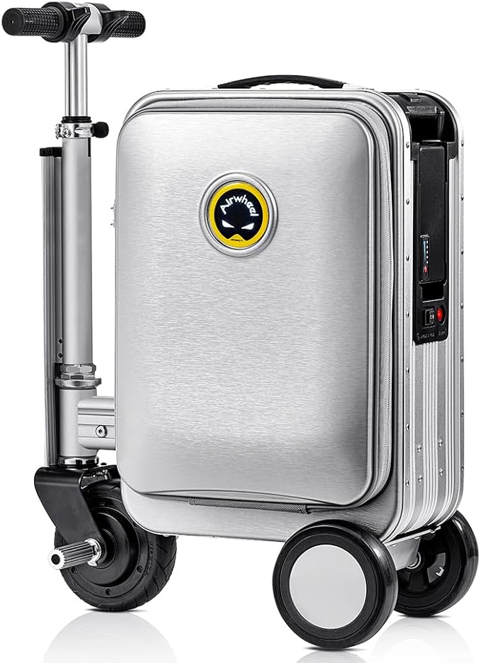 A silver Airwheel suitcase that can be ridden on like a scooter