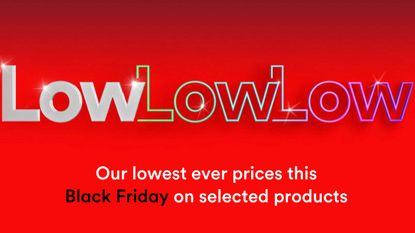 Virgin Media Black Friday banner: low low low prices sign on red backgrounf