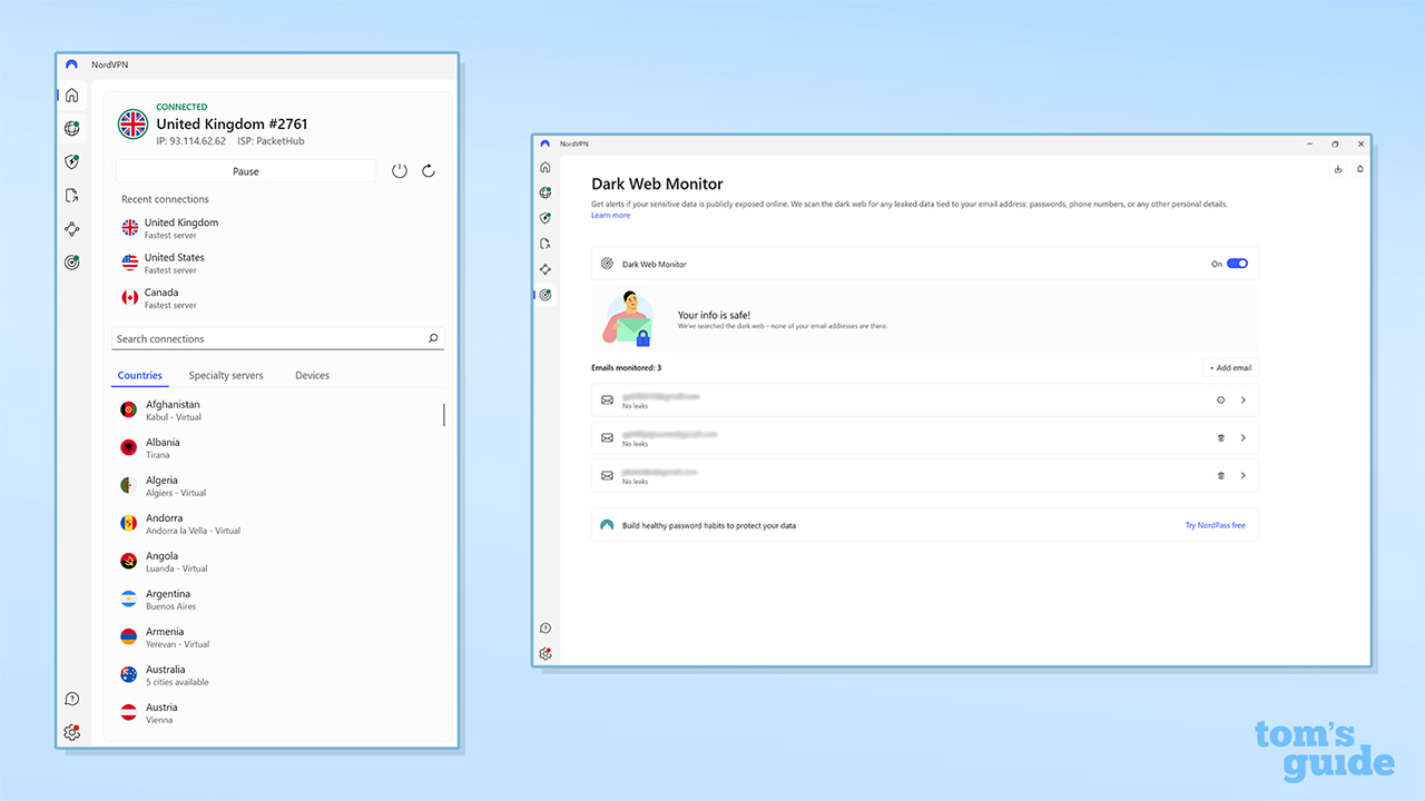 Screenshot of NordVPN's Dark Web Monitor in use