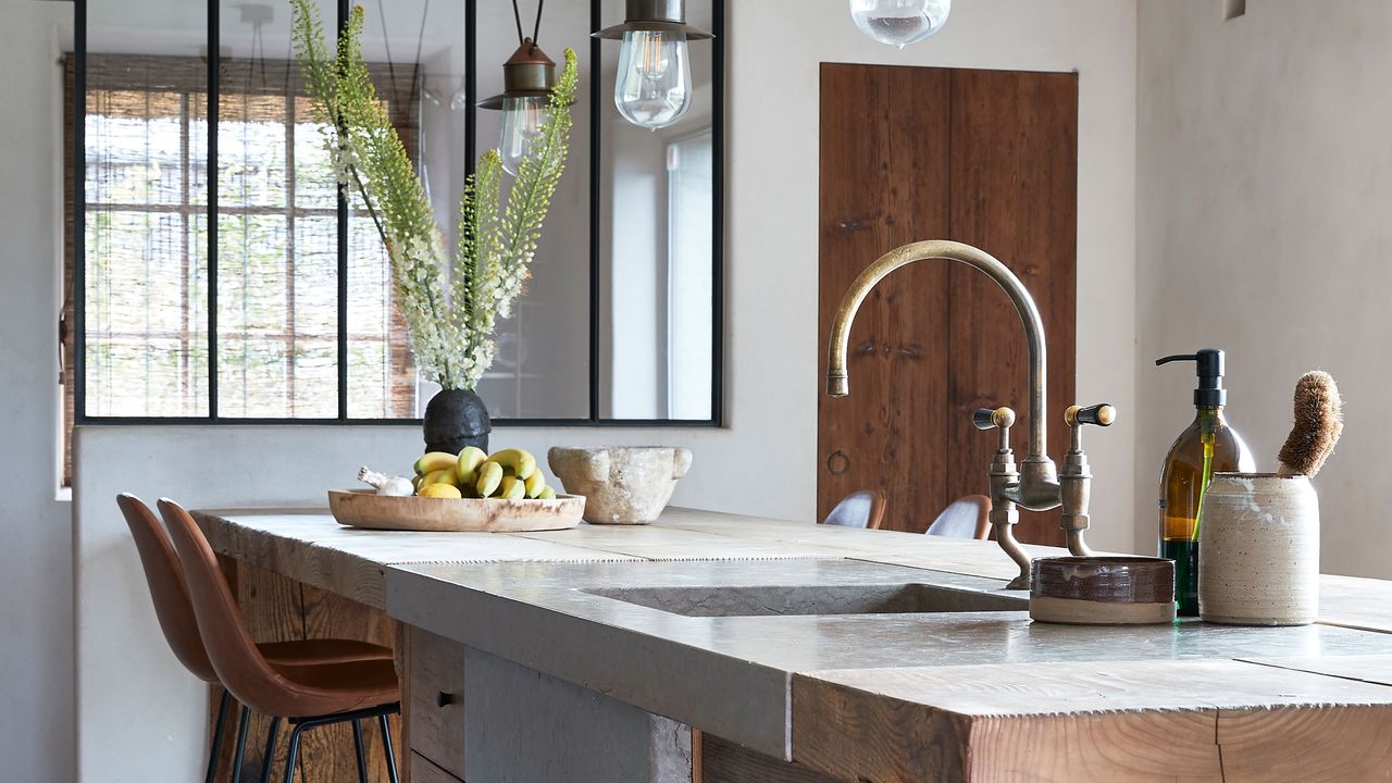 budget kitchen with wood cabinets and pendants