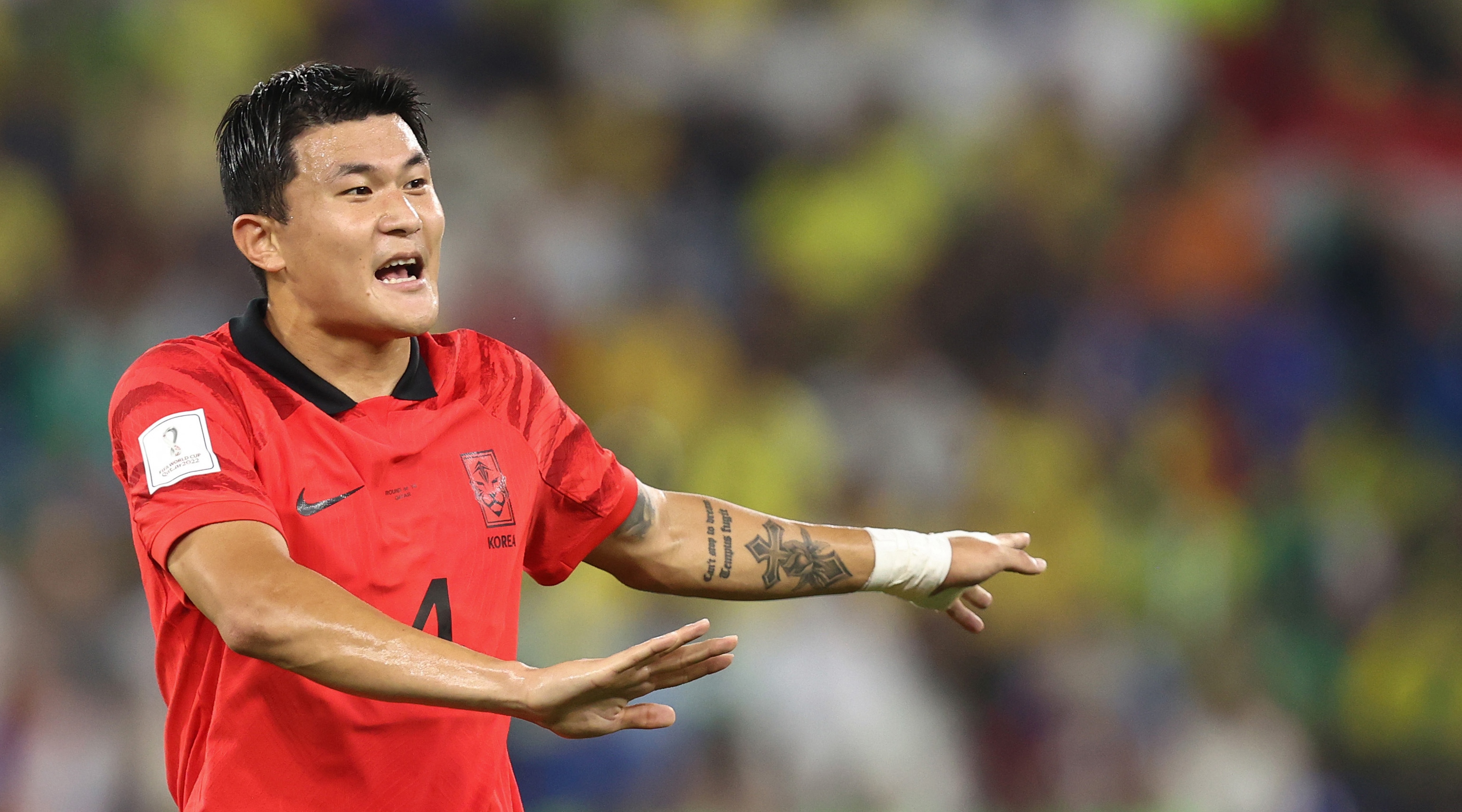 Kim Min-jae of South Korea gestures during the FIFA World Cup 2022 last 16 match between Brazil and South Korea at Stadium 974 on December 5, 2022 in Doha, Qatar.