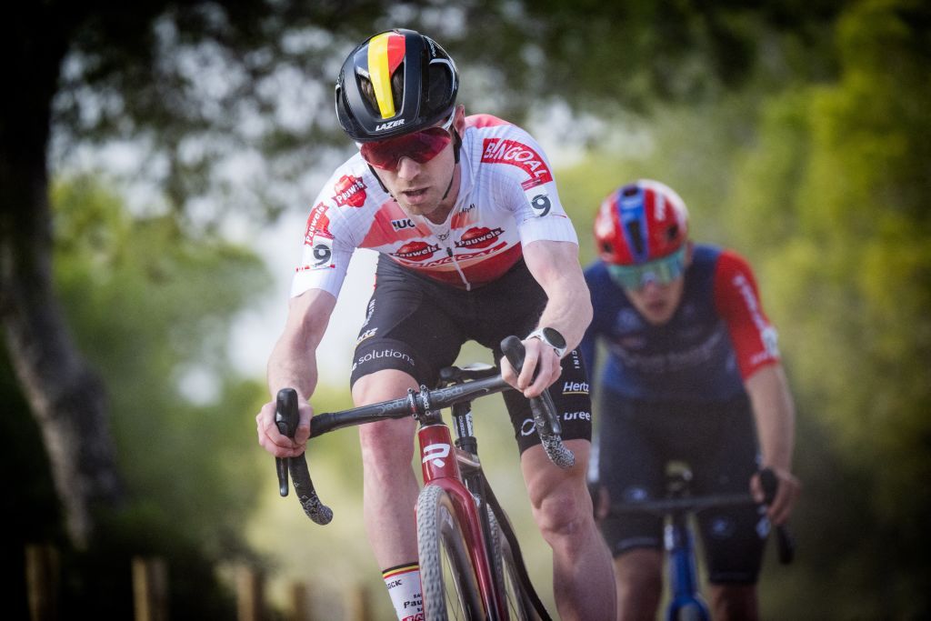 Belgian Eli Iserbyt pictured in action during the men's elite race at the cyclocross cycling event in Benidorm, Spain, Sunday 21 January 2024, stage 13/14 in the World Cup ranking. BELGA PHOTO JASPER JACOBS (Photo by JASPER JACOBS / BELGA MAG / Belga via AFP)
