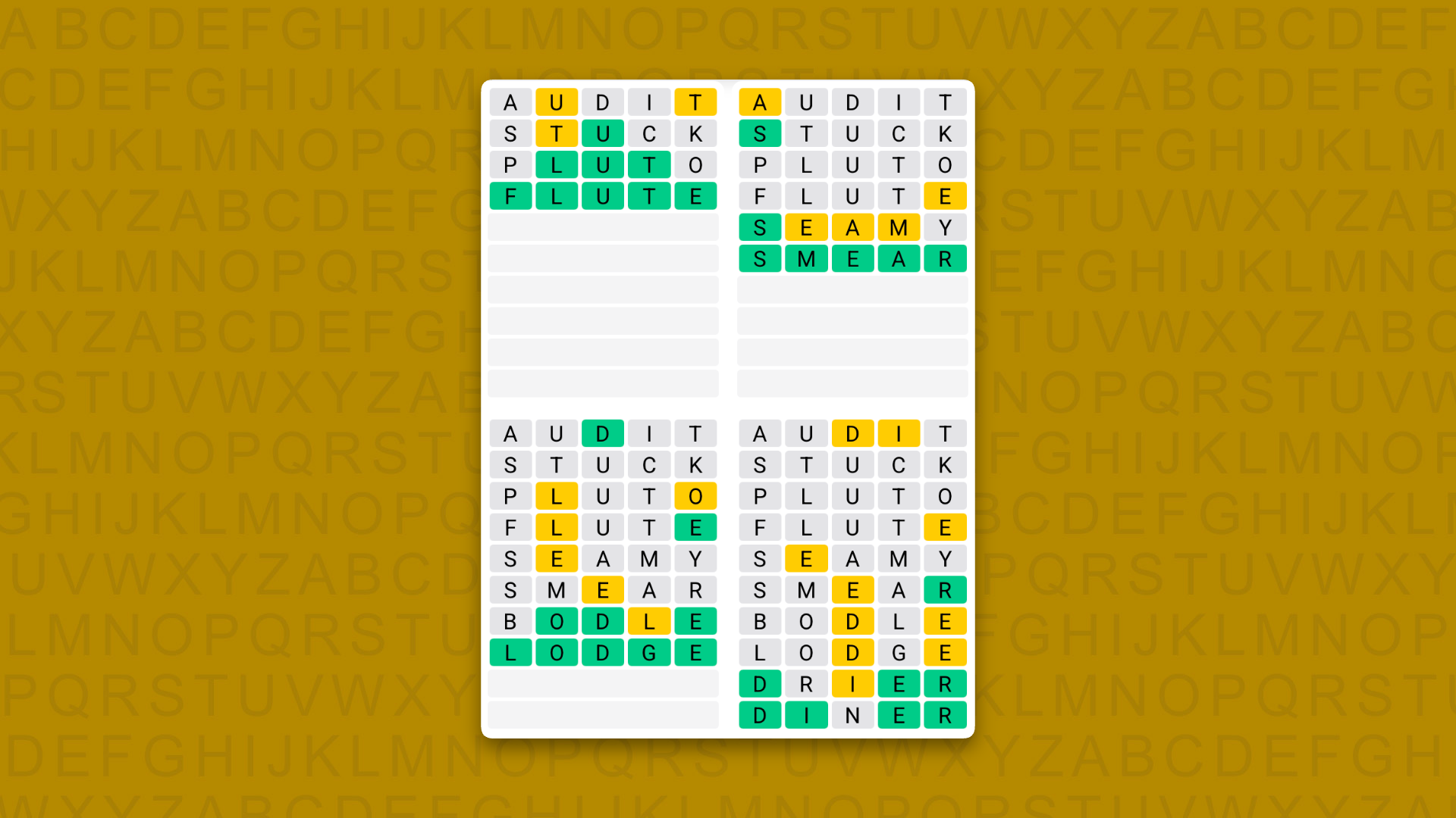 Quordle Daily Sequence answers for game 1654 on a yellow background