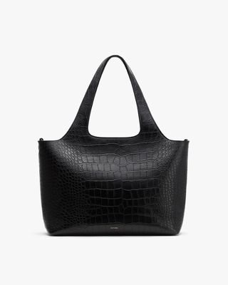 a black tote bag with faux crocodile print