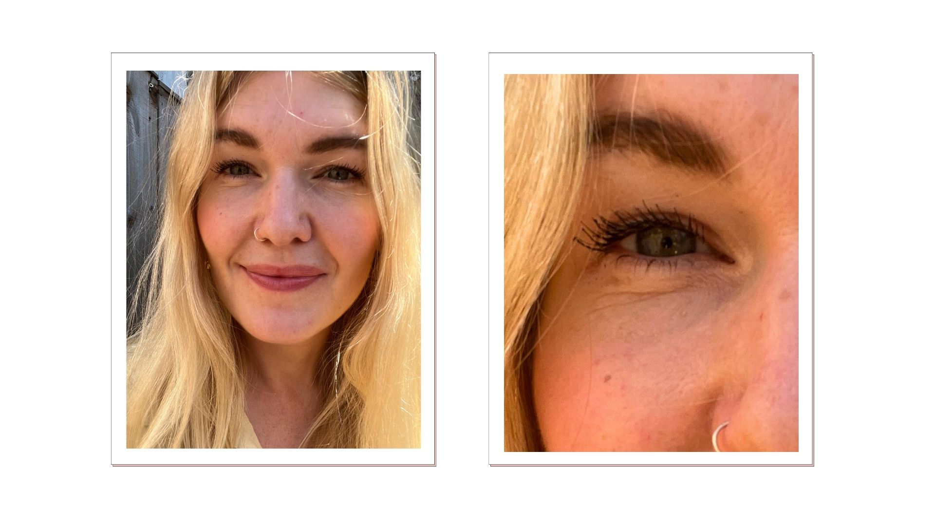 Beauty editor Fiona McKim smiling with blonde hair and a yellow shirt on wearing merit clean lash mascara, nect to a close-up image of her eye, with defined, natural-looking lashes