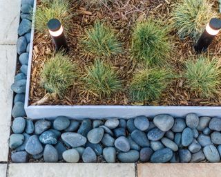 pebbles used for edging with ornamental grasses and lights