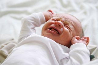 A newborn baby cries.