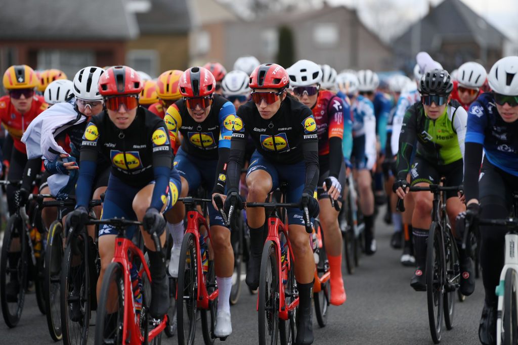 NINOVE BELGIUM FEBRUARY 24 Elisa Balsamo of Italy and Team LidlTrek competes during the 16th Omloop Het Nieuwsblad 2024 Womens Elite a 1271km one day race from Ghent to Ninove UCIWWT on February 24 2024 in Ninove Belgium Photo by Alex BroadwayGetty Images