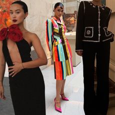 One woman wears a black dress with red flowers; one woman wears a matching stripe bermuda shorts and blazer set with pink heels; one woman wears black pants with a black jacket that features silver embellishments.