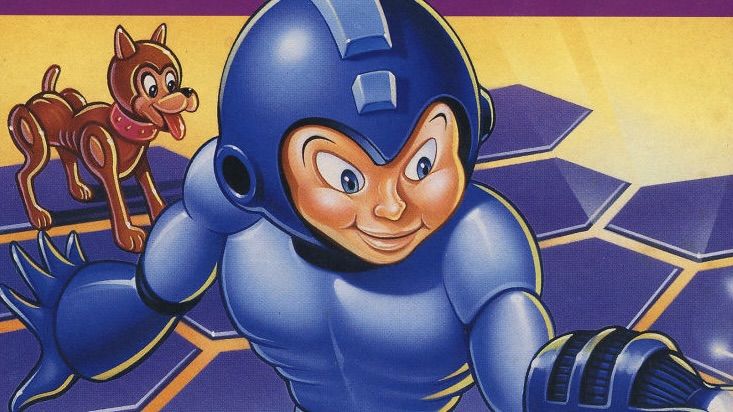 A picture of the Mega Man DOS cover showing a close-up of Mega Man&#039;s face