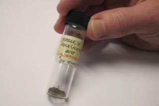 A vial of Apollo 11 moon dust from a lunar sample collected in 1969 is seen after its rediscovery 40 years later in the warehouse of Berkeley Lab in California.
