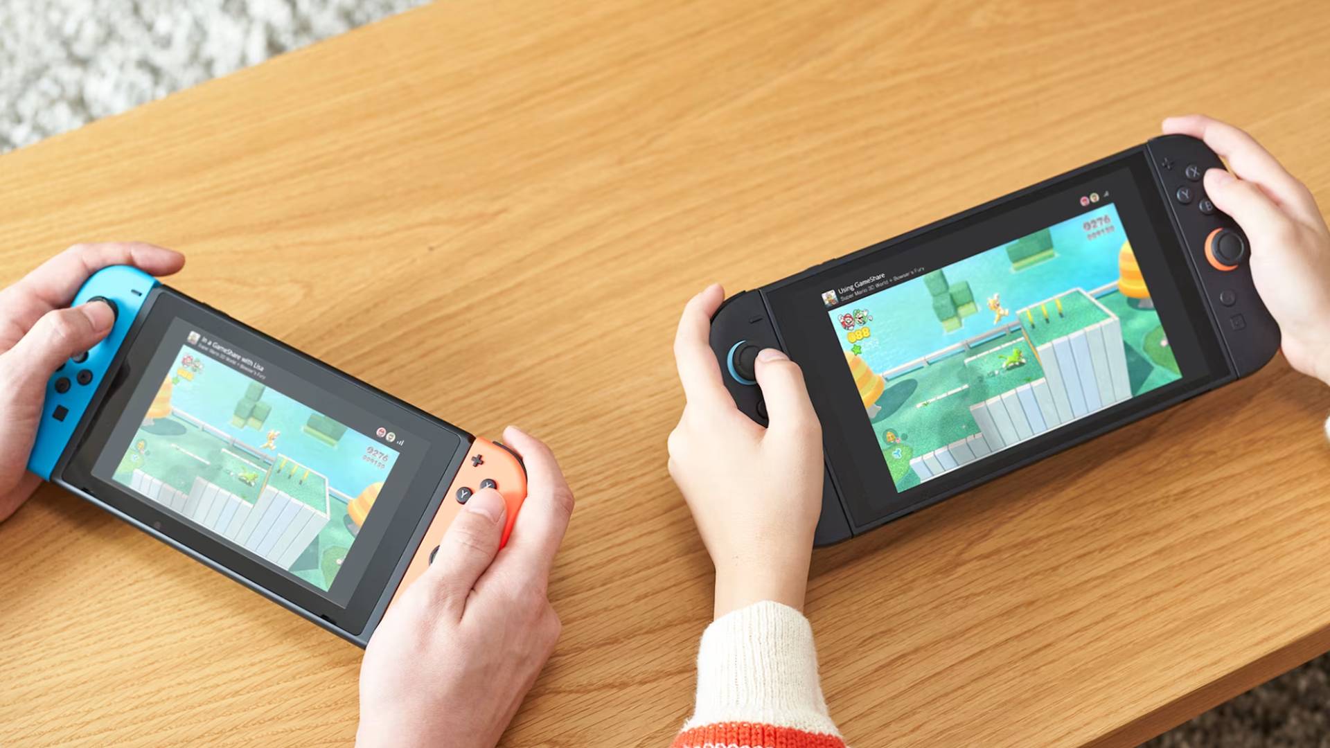 Official GameShare Nintendo Switch 2 promo image, featuring an original Switch being played next to a Nintendo Switch 2.