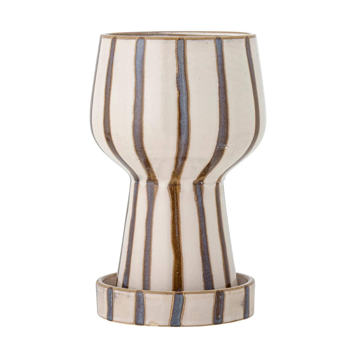 A pedestal-style planter with a saucer featuring brown stipes on a cream glaze