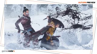 Blood sprays across a snowy backdrop as Atsu cleaves an enemy's stomach open with a swift, wide blow of her katana in Ghost of Yotei's Gamescom trailer - with a GamesRadar+ Autumn Preview frame