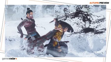 Blood sprays across a snowy backdrop as Atsu cleaves an enemy's stomach open with a swift, wide blow of her katana in Ghost of Yotei's Gamescom trailer - with a GamesRadar+ Autumn Preview frame