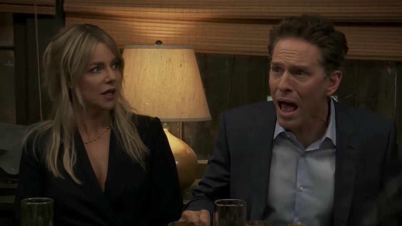 Dennis screaming as Dee watches in horror during fake dinner party in It's Always Sunny in Philadelphia Season 17