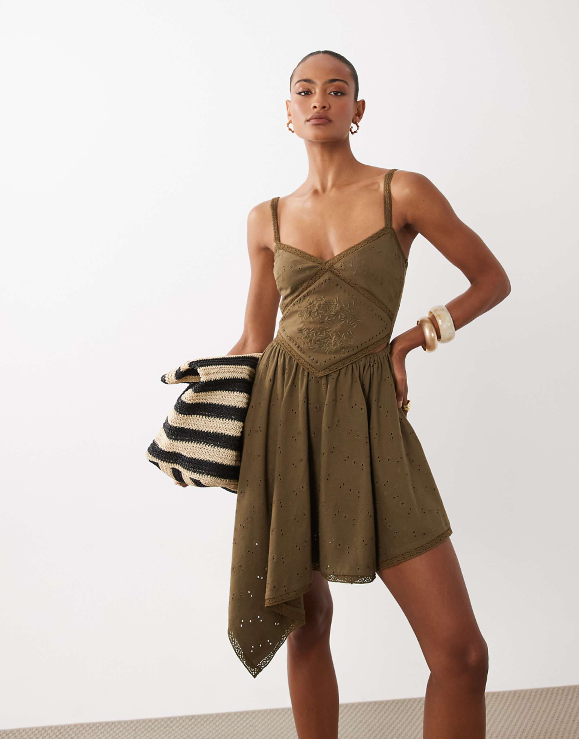 Asos Design Hanky Hem Embroidered Detail Dress in Olive