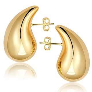 Chunky Gold Hoop Earrings for Women 18k Gold Plated Teardrop Earrings Hypoallergenic Gold Chunky Earrings Open Hoops Lightweight Drop Earrings With Sterling Silver Post for Women Girls