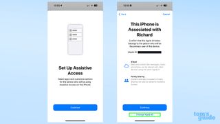 Screenshots showing the Apple ID confirmation screen in Assistive Access in iOS 17