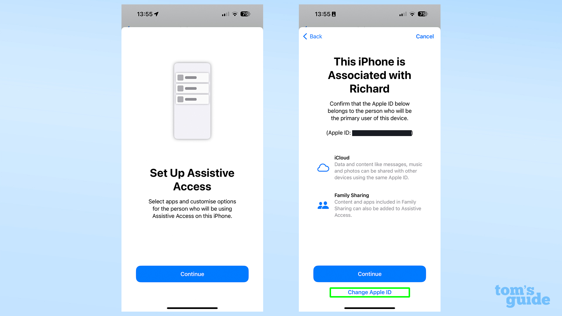 Снимки экрана, показывающие экран подтверждения Apple ID в Assistive Access в iOS 17.