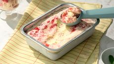 A small rectangular stainless steel food container filled with ice cream with a scoop on top 