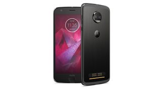 The front and back of the Moto Z2 Force. Showing how thin the phone is and the metal contacts for MotoMod add-ons.