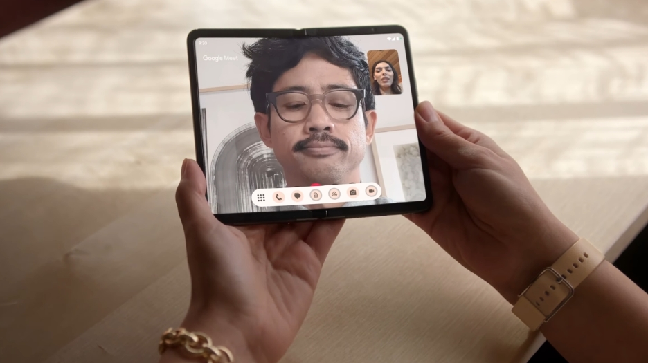 The Google Pixel Fold showing a video call