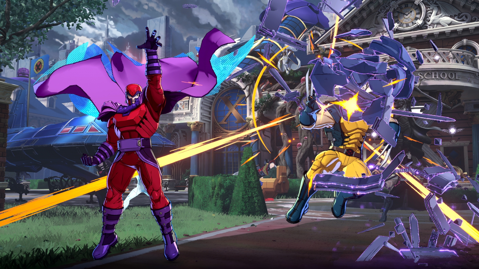 Marvel Tokon: Fighting Souls screenshot showing Magneto (left) attacking Wolverine (right) with metallic debris