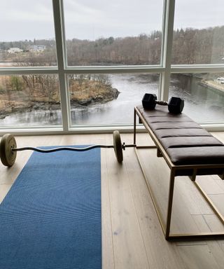 Designer Taniya Nayak's home gym with blond wood floor and scenic view