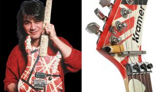 LEFT: Eddie Van Halen backstage during Van Halen's "5150" tour, on May 9, 1986, at the Joe Louis Arena in Detroit, Michigan. RIGHT: The headstock of Edward Van Halen's 1987 Zeke Clark Customized 5150 Kramer Guitar 