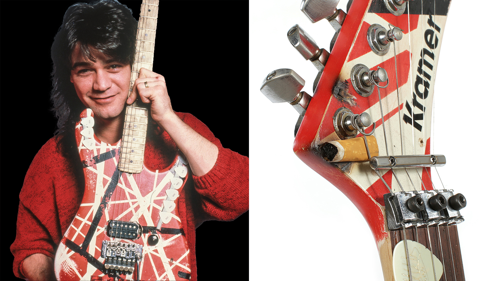LEFT: Eddie Van Halen backstage during Van Halen's "5150" tour, on May 9, 1986, at the Joe Louis Arena in Detroit, Michigan.  RIGHT: The headstock of Edward Van Halen's 1987 Zeke Clark Customized 5150 Kramer Guitar 