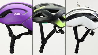 Three budget bike helmets against a white background