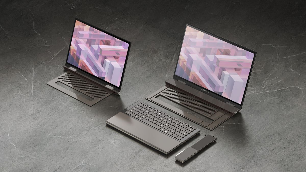 A promotional image for the Compal Adapt X modular laptop, as presented by the iF Design Foundation