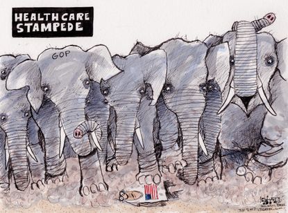 Political cartoon U.S. GOP health care AHCA stampede