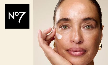 No7 logo top right with a close up shot of a womans face