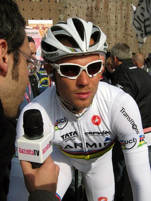 Thor Hushovd stood out in his all-white kit.