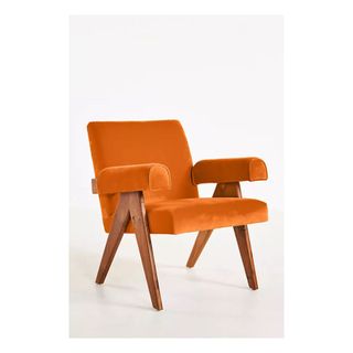 teak mid-century style chair upholstered in orange velvet