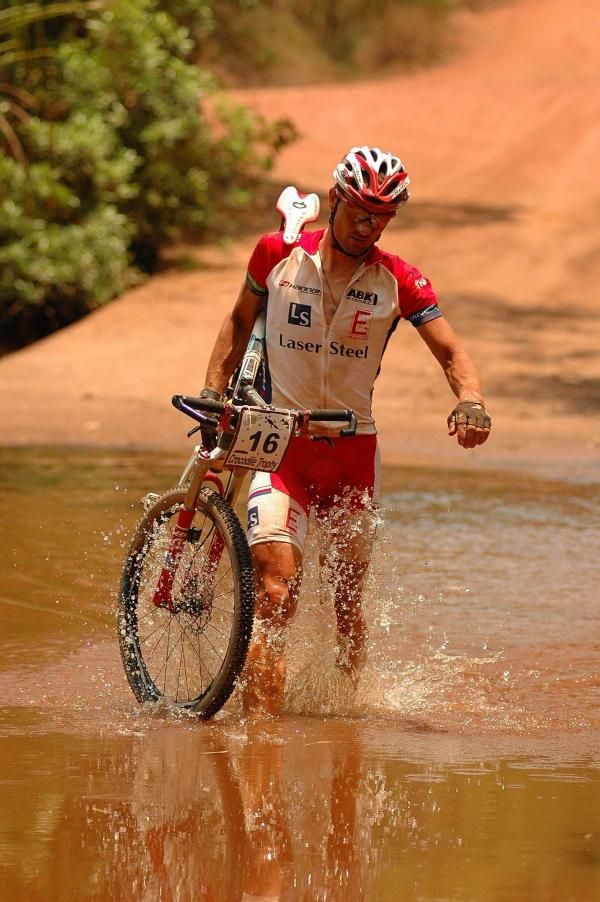Tomas Kosak cautious at the creek crossing.