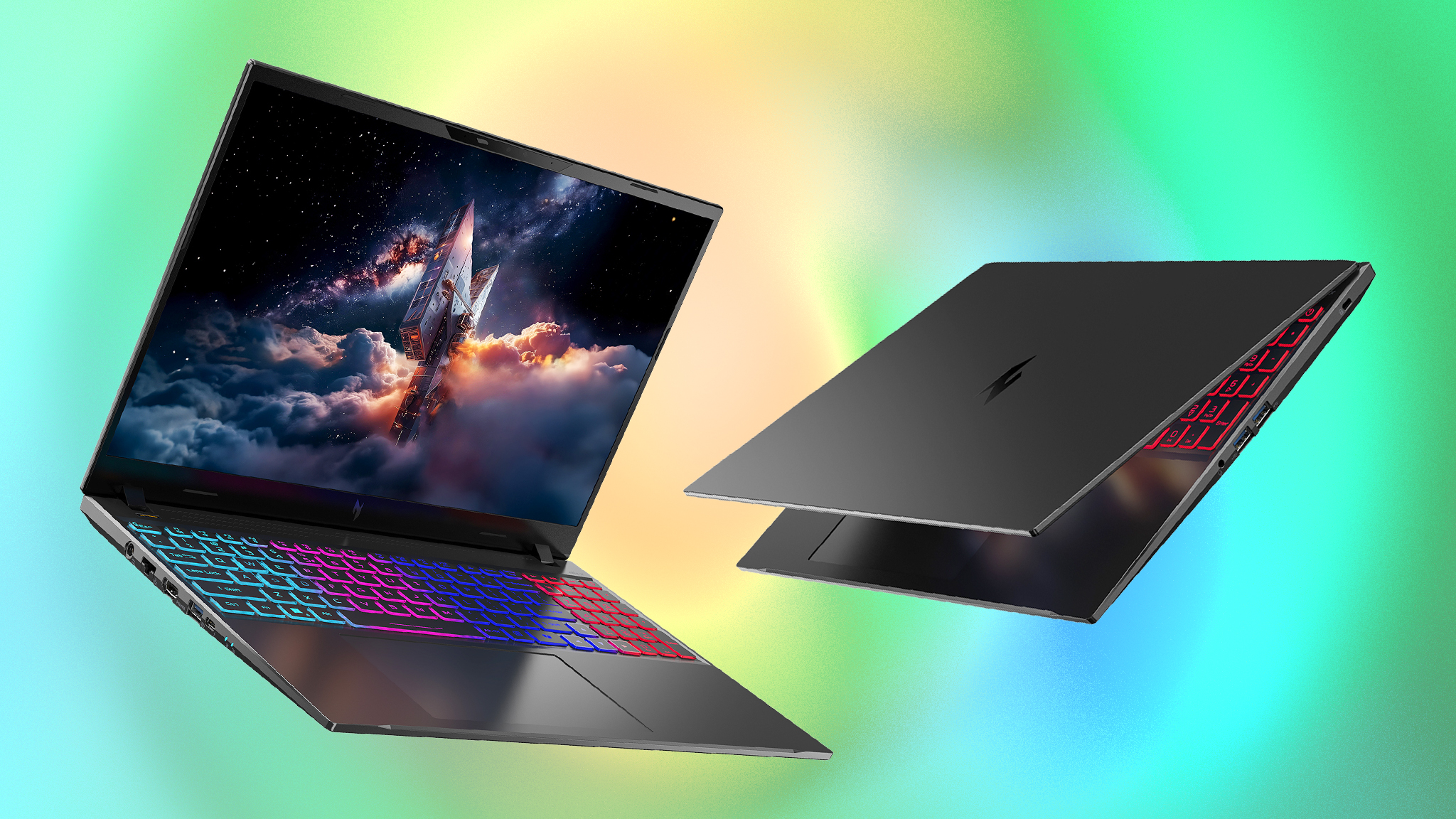 Two Acer Nitro V 16S AI gaming laptops, one open and one with the lid mostly shut.
