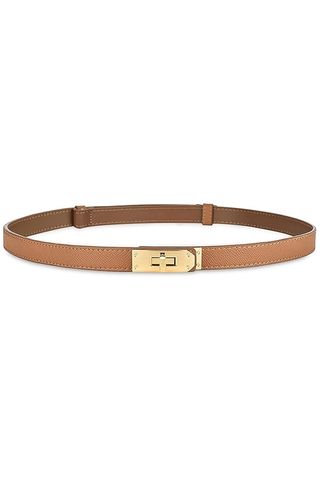 Anhaishuilv Women's Skinny Leather Belt With Adjustable Golden Turn-Lock Buckle - Ideal for Dresses, Jeans, and Coats, Caramel