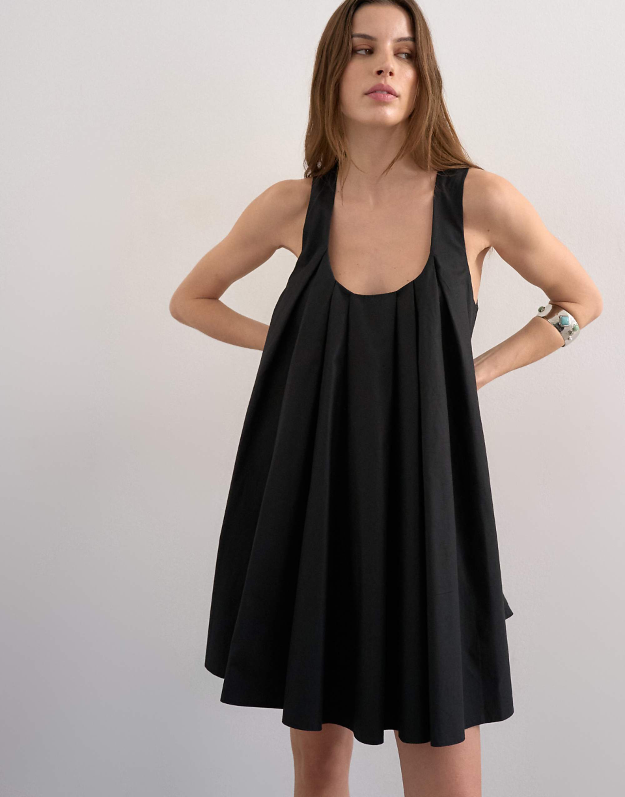 Topshop Poplin Full Hem Pleated Mini Sundress in Black