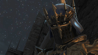 Fray, a Dark Knight from Final Fantasy 14, stares unimpressed down at the player.