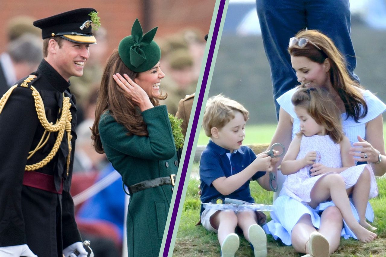 Prince William and Kate Middleton attend the St Patrick&#039;s Day parade at Mons Barracks on March 17, 2014 split layout with Kate Middleton sat playing outside with Prince George and Princess Charlotte